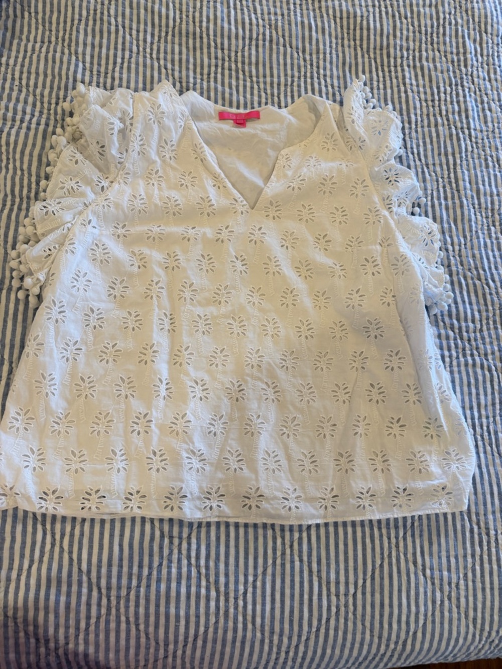 Lilly Pulitzer White Eyelet Pom-Pom Flutter Sleeve Top